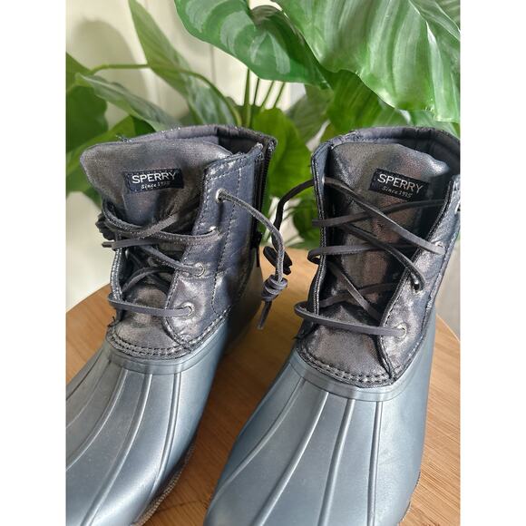 Sperry Blue Metallic Saltwater Duck Boots Girls Size 5 Rain Winter Booties - Picture 4 of 9